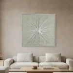 Minimalist abstract hand-painted canvas with radiating linear patterns in soft sage and cream tones, contemporary living space