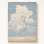 Textured landscape hand-painted canvas depicting a towering cumulus cloud over vast plain, soft cream and blue palette