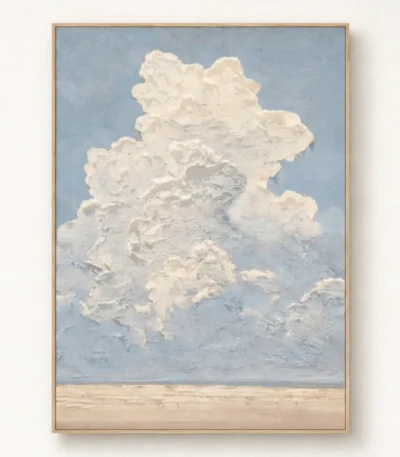 Textured landscape hand-painted canvas depicting a towering cumulus cloud over vast plain, soft cream and blue palette