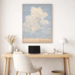 Impressionist hand-painted canvas depicting towering cumulus clouds in soft whites and grays against pale blue sky, contemporary workspace