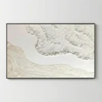 Textured minimalist hand-painted canvas depicting layered mountainous terrain in cream and beige tones, modern living space
