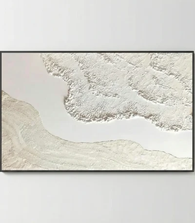 Textured minimalist hand-painted canvas depicting layered mountainous terrain in cream and beige tones, modern living space