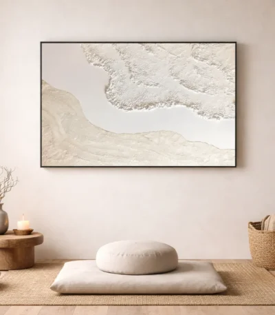 Textured minimalist hand-painted canvas depicting coastal waves and sandy shoreline in cream and ivory tones, contemporary meditation space