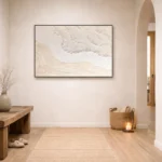 Textured abstract landscape hand-painted canvas in soft cream and ivory tones, contemporary entryway