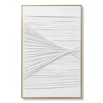 Raised white relief of converging diagonal wave lines meeting at a central point, gold thin frame