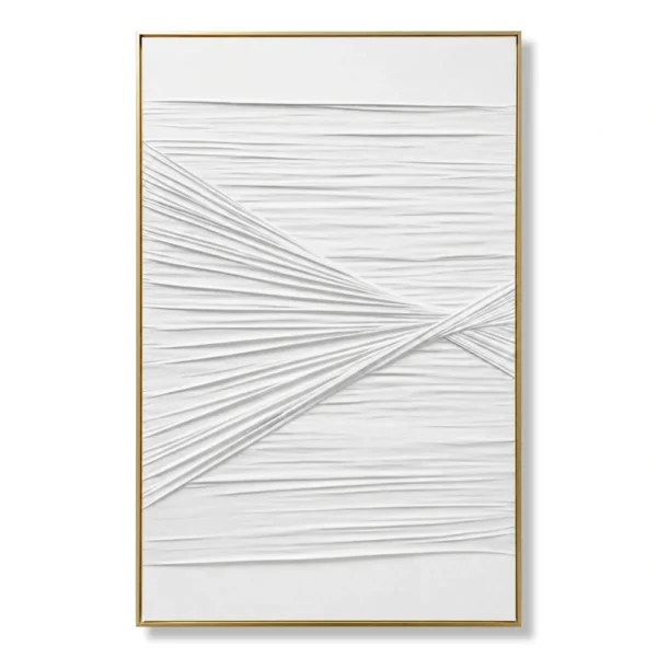 Raised white relief of converging diagonal wave lines meeting at a central point, gold thin frame