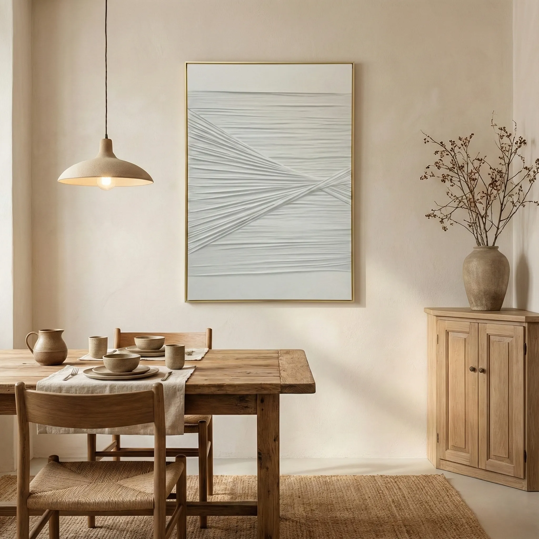 White Textured Waves – Minimalist Relief Wall Decor. wabi sabi wall art (3) Minimalist abstract hand-painted canvas with intersecting linear brushstrokes in soft grey and white tones, dining space