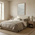 Minimalist abstract hand-painted canvas with intersecting linear patterns in soft gray and white tones, styled in a contemporary bedroom