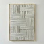 Textured abstract hand-painted canvas with interlocking geometric forms in layered cream and ivory tones, contemporary wall space