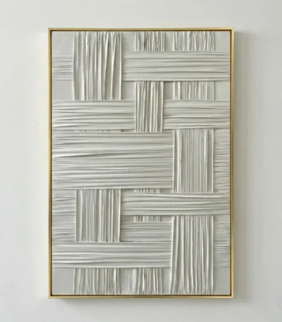 Textured abstract hand-painted canvas with interlocking geometric forms in layered cream and ivory tones, contemporary wall space