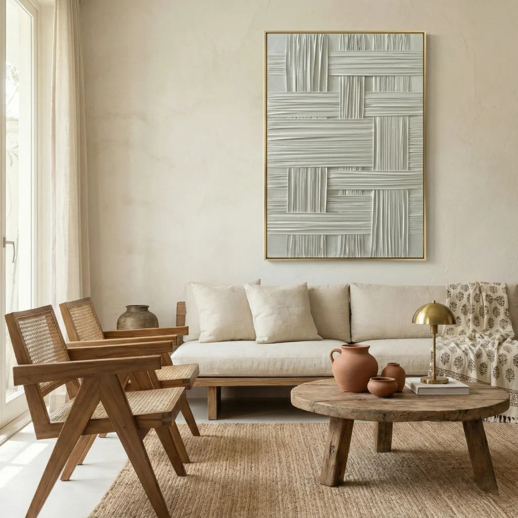 Textured abstract hand-painted canvas with interlocking linear patterns in soft grey and cream tones, contemporary living space