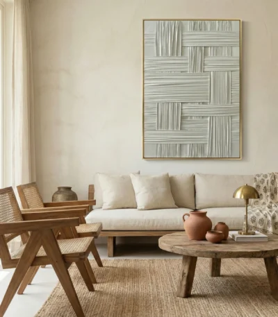 Textured abstract hand-painted canvas with interlocking linear patterns in soft grey and cream tones, contemporary living space