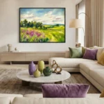 Impressionist landscape hand-painted canvas depicting blooming wildflower meadow with vibrant purple flowers and golden-green fields, soft sky in cream and blue tones, contemporary living space