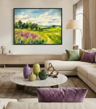 Impressionist landscape hand-painted canvas depicting blooming wildflower meadow with vibrant purple flowers and golden-green fields, soft sky in cream and blue tones, contemporary living space