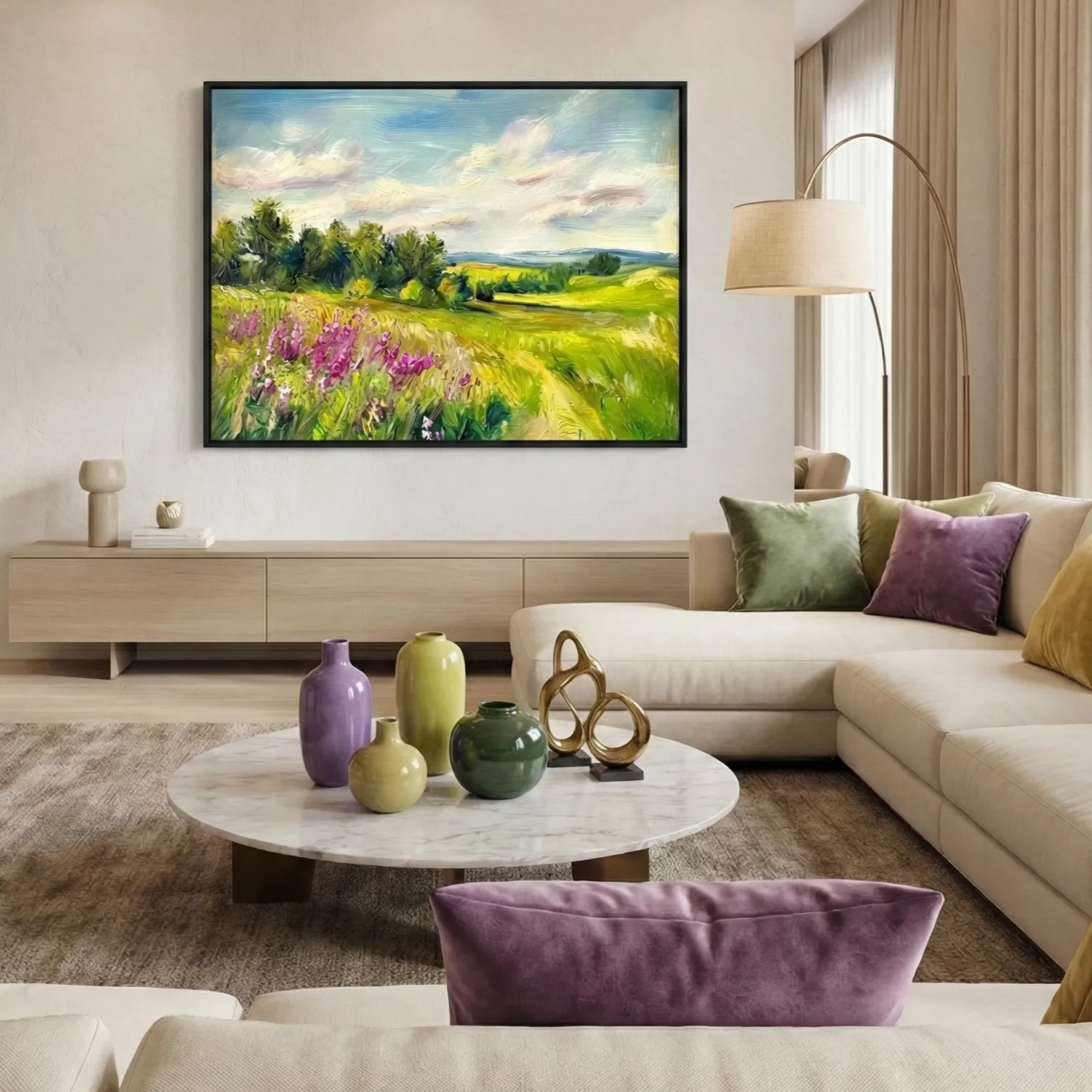 Wildflower Horizon Purple flowers green hills Color Wall Art (1) Impressionist landscape hand-painted canvas depicting blooming wildflower meadow with vibrant purple flowers and golden-green fields, soft sky in cream and blue tones, contemporary living space