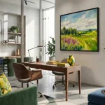Impressionist landscape hand-painted canvas depicting wildflower meadow with purple flowers and rolling hills, soft greens and sky blues, contemporary office setting