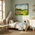 Impressionist landscape hand-painted canvas depicting wildflower meadow with purple blooms, green fields, and cloudy sky in warm naturalistic tones, children's room