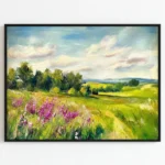 Impressionist landscape hand-painted canvas depicting wildflower meadow with purple blooms, rolling hills, and soft sky in vibrant greens and pastels