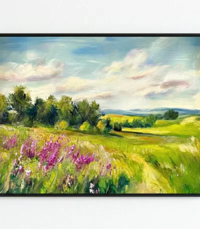Impressionist landscape hand-painted canvas depicting wildflower meadow with purple blooms, rolling hills, and soft sky in vibrant greens and pastels
