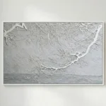 Textured hand-painted canvas depicting frost-laden branches extending over still water in monochrome whites and grays, contemporary living space