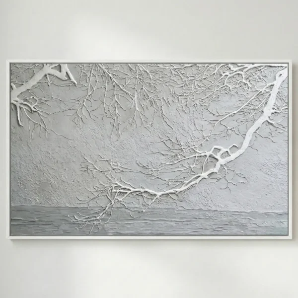 Textured hand-painted canvas depicting frost-laden branches extending over still water in monochrome whites and grays, contemporary living space