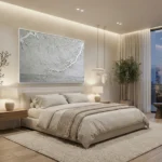 Textured monochrome hand-painted canvas depicting frost-covered branches and winter landscape in cool whites and grays, modern bedroom