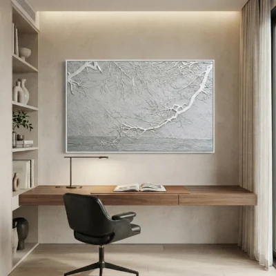 Textured monochrome hand-painted canvas depicting frost-laden branches over water in cool whites and grays, modern study