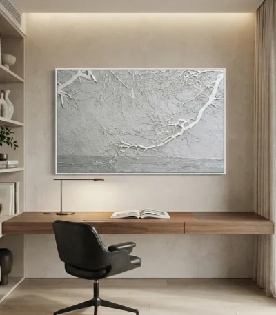 Textured monochrome hand-painted canvas depicting frost-laden branches over water in cool whites and grays, modern study