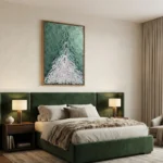 Contemporary abstract hand-painted canvas depicting stylized evergreen tree in teal and white gestural brushstrokes, modern bedroom