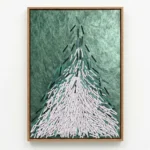 Textured contemporary hand-painted canvas depicting an evergreen tree in layered white and green brushstrokes against mottled sage backdrop