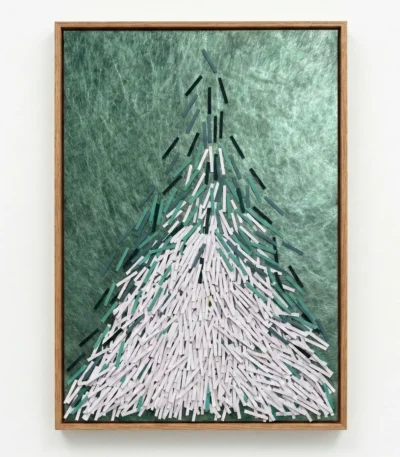 Textured contemporary hand-painted canvas depicting an evergreen tree in layered white and green brushstrokes against mottled sage backdrop