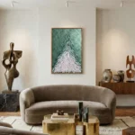 Contemporary landscape hand-painted canvas depicting an evergreen forest in layered greens and whites, modern living space