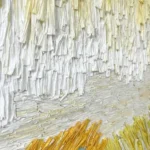 Textured abstract hand-painted canvas with gestural white brushstrokes and golden yellow accents, contemporary interior