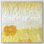 Textured abstract hand-painted canvas with layered brushstrokes in cream, gold, and white tones depicting a minimalist landscape