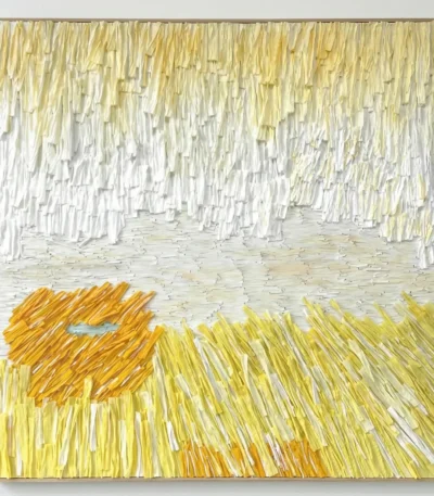 Textured abstract hand-painted canvas with layered brushstrokes in cream, gold, and white tones depicting a minimalist landscape