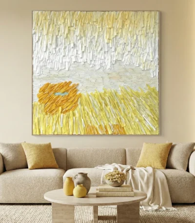 Textured abstract landscape hand-painted canvas in golden wheat and cream tones, contemporary living space