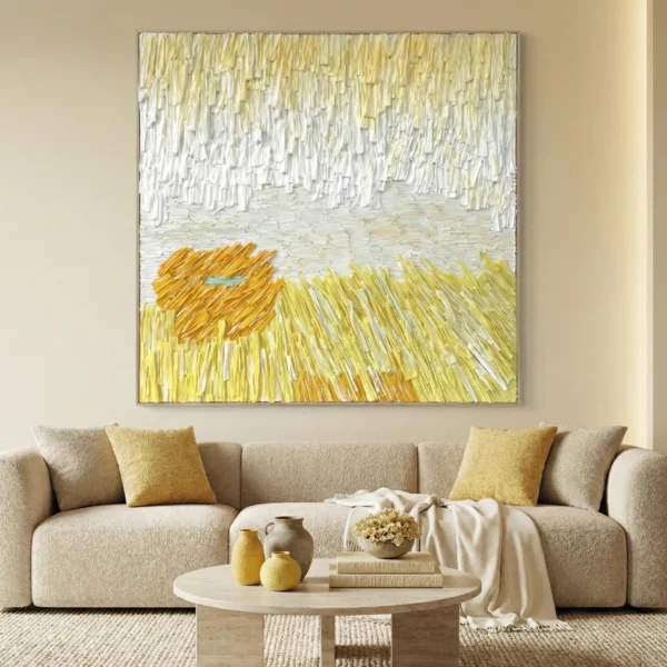 Textured abstract landscape hand-painted canvas in golden wheat and cream tones, contemporary living space