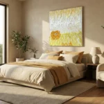 Textured abstract hand-painted canvas in layered golden and cream brushstrokes, contemporary bedroom setting