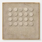 Minimalist hand-painted canvas with geometric grid of twenty cream circles and linear pattern in neutral beige tones