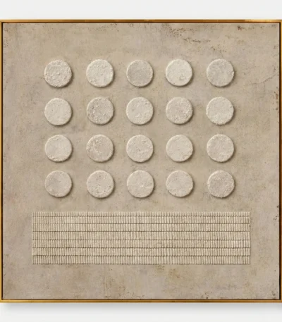Minimalist hand-painted canvas with geometric grid of twenty cream circles and linear pattern in neutral beige tones