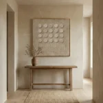 Minimalist hand-painted canvas featuring twenty-five circular relief forms in cream and taupe tones, contemporary entryway
