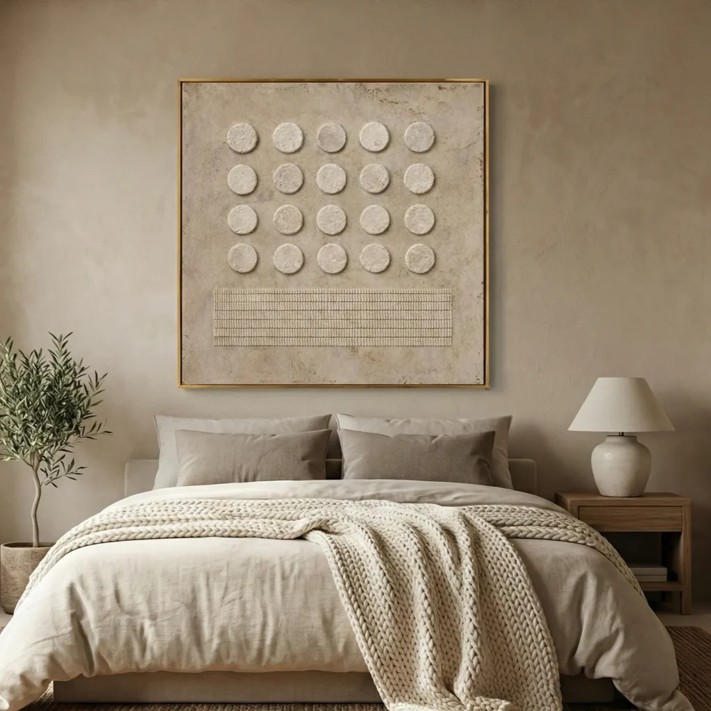 Minimalist hand-painted canvas featuring twenty-five circular forms and linear textures in soft cream and taupe, contemporary bedroom
