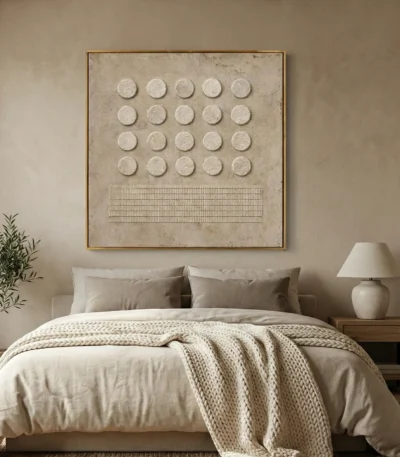 Minimalist hand-painted canvas featuring twenty-five circular forms and linear textures in soft cream and taupe, contemporary bedroom