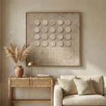 Minimalist hand-painted canvas featuring twenty circular forms and linear texture in cream and taupe tones, contemporary living space