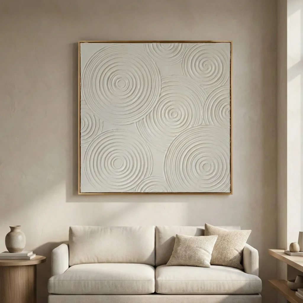 Textured abstract hand-painted canvas with concentric circular patterns in cream and grey tones, contemporary living space