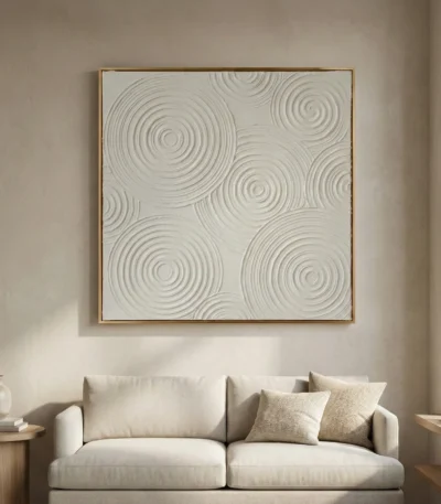 Textured abstract hand-painted canvas with concentric circular patterns in cream and grey tones, contemporary living space