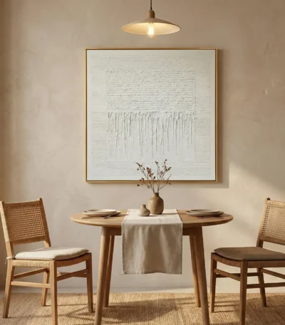 Textured abstract hand-painted canvas with layered cream and ivory gestural marks, contemporary dining space