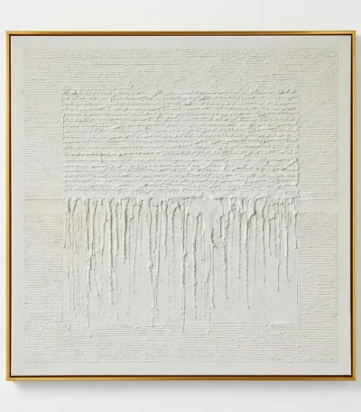 Textured abstract hand-painted canvas with layered cream and white gestural marks, minimalist contemporary wall art