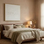 Textured minimalist hand-painted canvas with layered cream and ivory gestural marks, contemporary bedroom setting