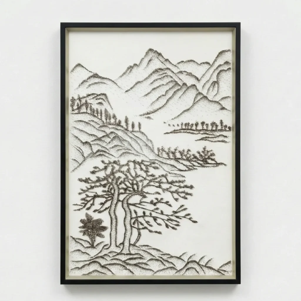 Minimalist hand-painted canvas featuring a gnarled tree with mountains and forest landscape in monochrome ink tones